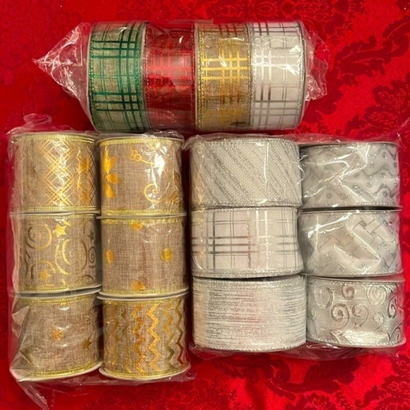 Brand New Set of 16 Rolls Wired Christmas Ribbon Plaid Burlap Glitter Decorating - Picture 12 of 12